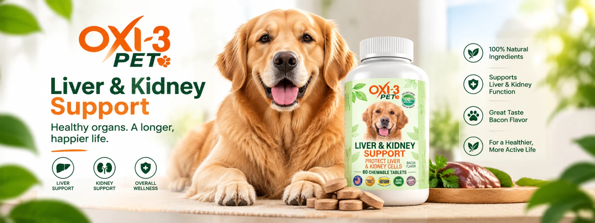 OXI-3 PET Liver & Kidney Support with a golden retriever, bottle and benefits